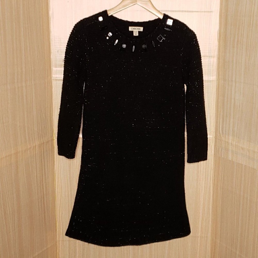 Cherokee Kids Black Silver Sparkle Sweater Dress Jewel Neckline 14-16
